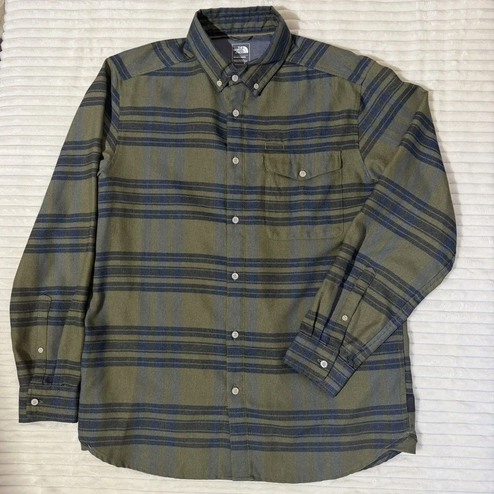 The North Face Men's Olive/ Navy Plaid Cotton Twill Flannel L Button Down Shirt